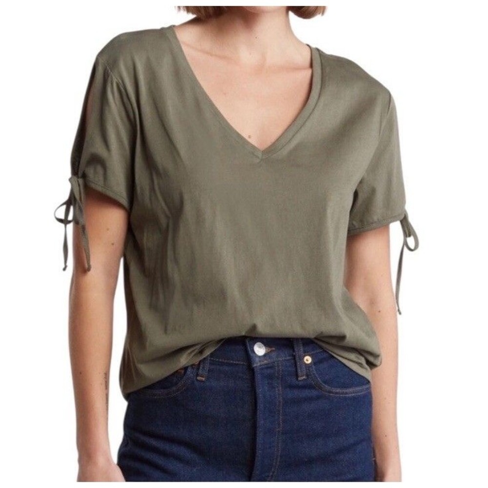 All Saints Kay V-Neck Tie Sleeves T-Shirt Womens Small Olive Green Cotton Tee